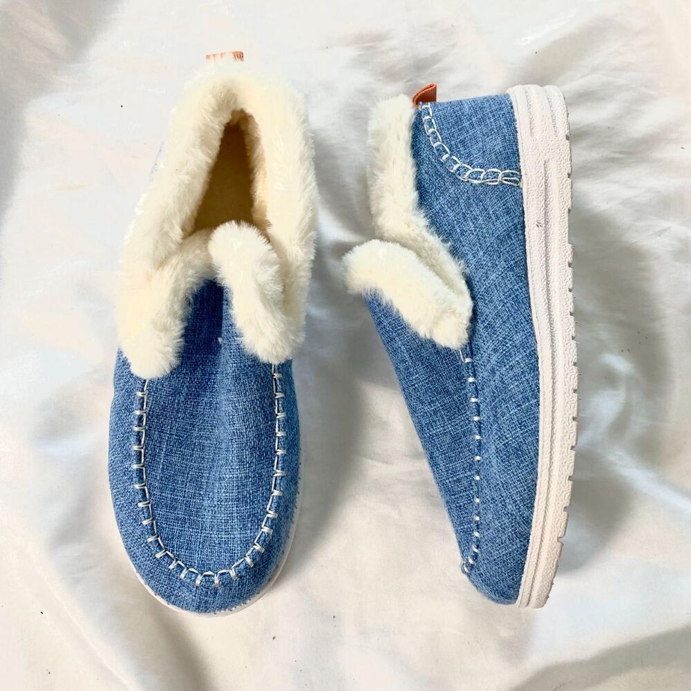 NEW Light Blue White Winter Plush-Lined Slip-On Shoes Slippers US 7